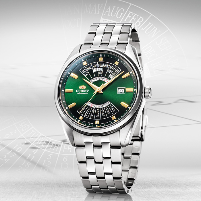 【ORIENT】東方錶 RA-BA0002E 日期星期顯示 萬年曆 鋼錶帶 機械男錶 綠/銀 43.5mm