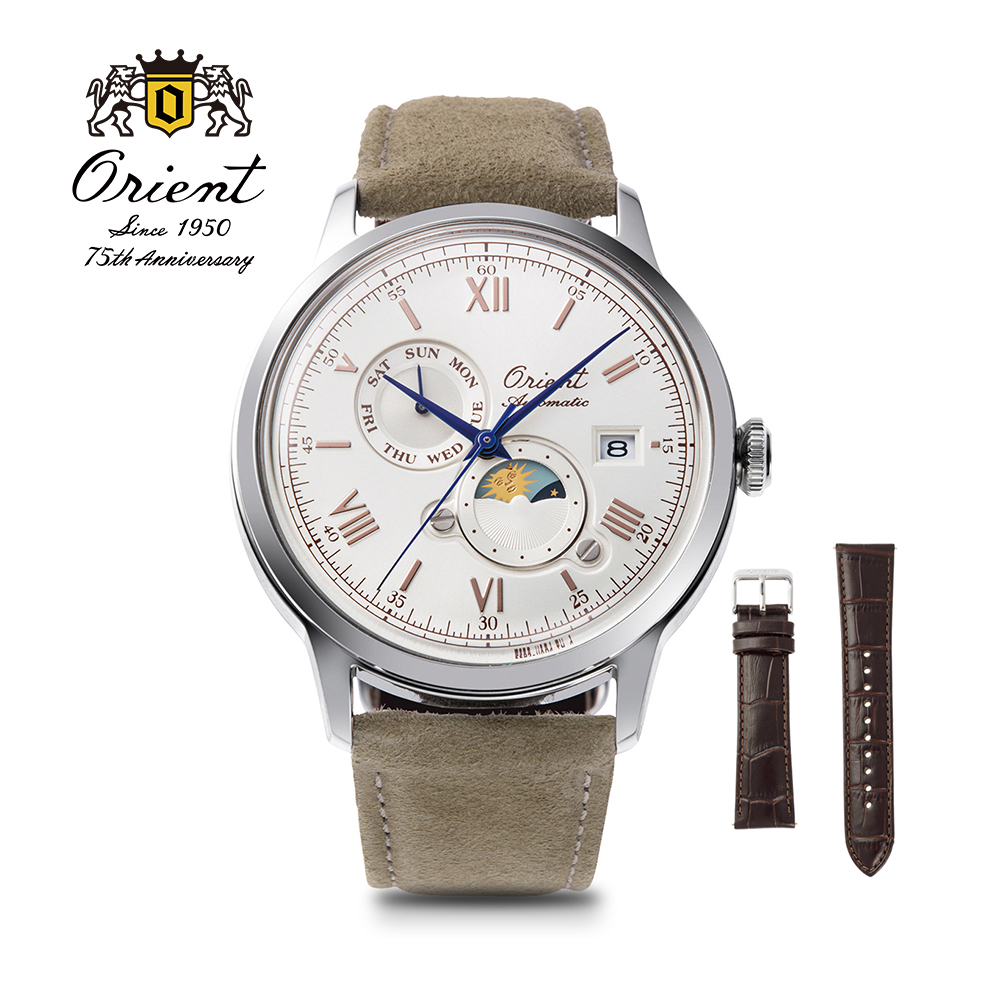 ORIENT 東方錶 SUN&MOON系列 日月相75週年限量機械錶 皮帶款 RA-AK0808S 白色 - 41.5mm