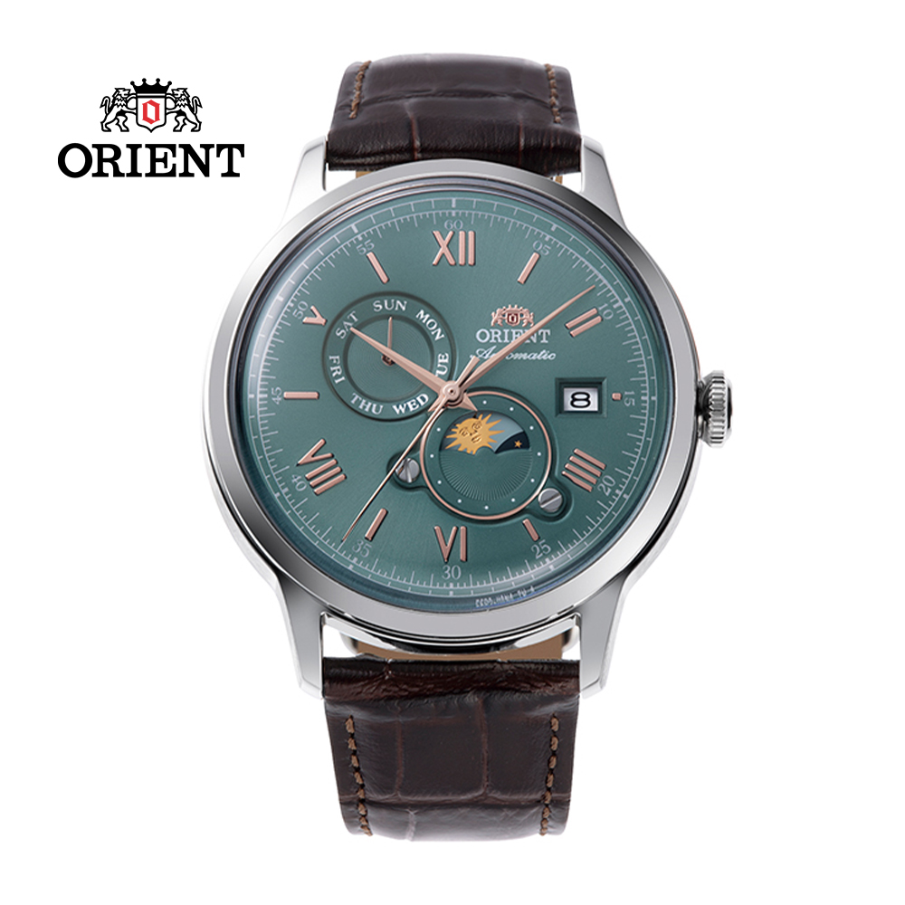 ORIENT 東方錶 SUN&MOON 日月相系列 經典機械錶 皮帶款 RA-AK0805E 綠色 - 41.5mm