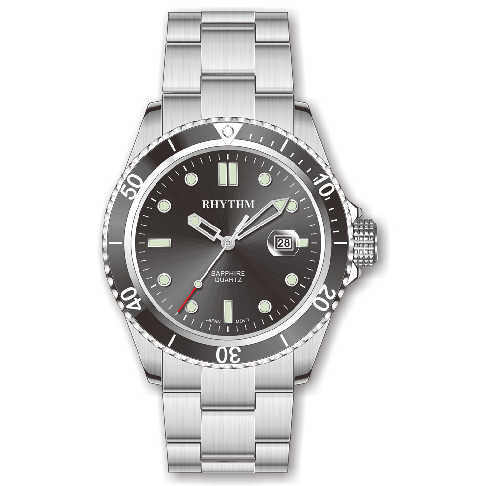RHYTHM日本麗聲鐘 尊爵時尚日期顯示防水石英腕錶-黑/不鏽鋼錶帶