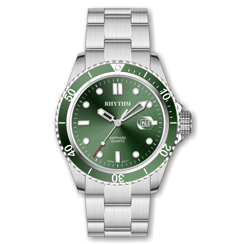 RHYTHM日本麗聲鐘 尊爵時尚日期顯示防水石英腕錶-綠/不鏽鋼錶帶