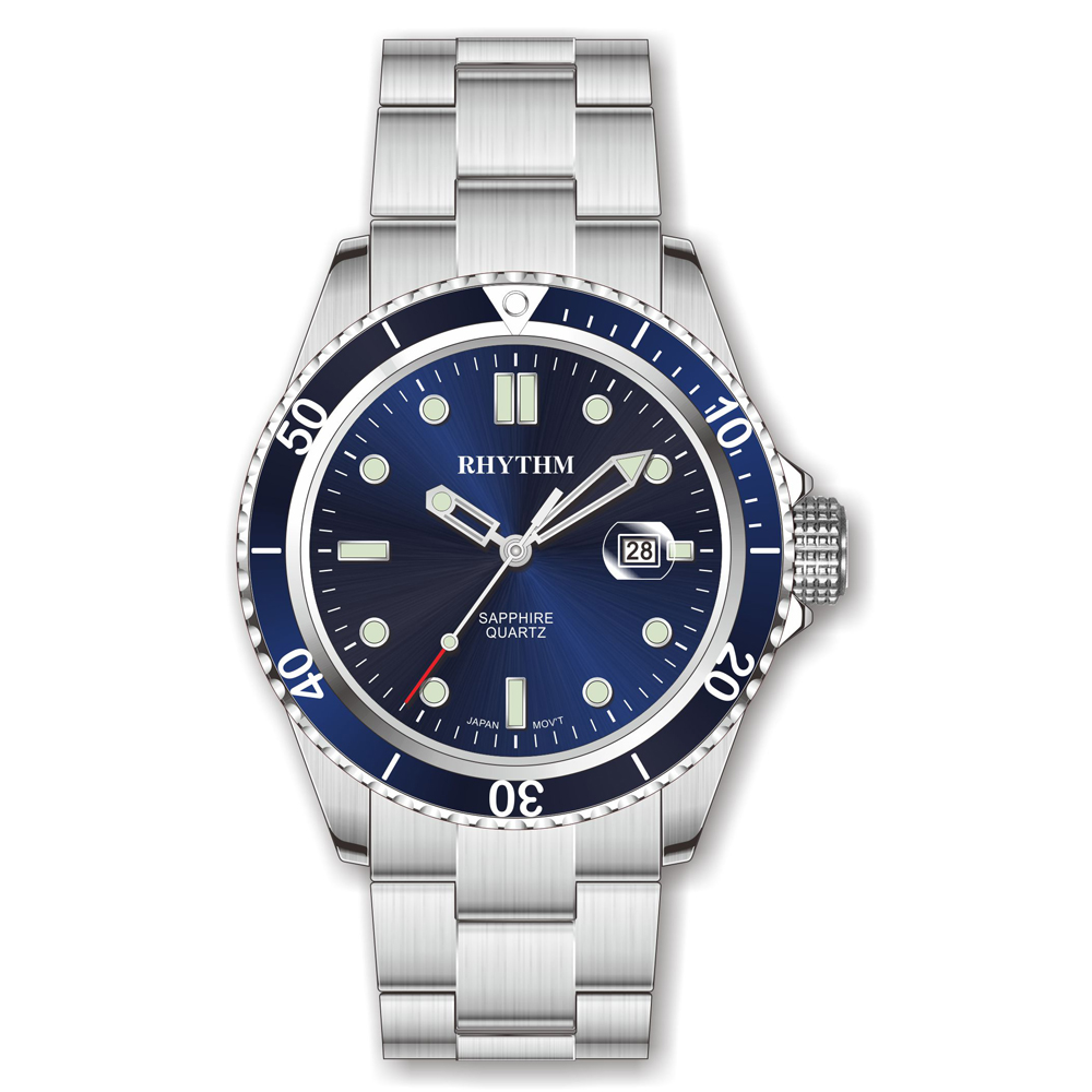 RHYTHM日本麗聲鐘 尊爵時尚日期顯示防水石英腕錶-藍/不鏽鋼錶帶