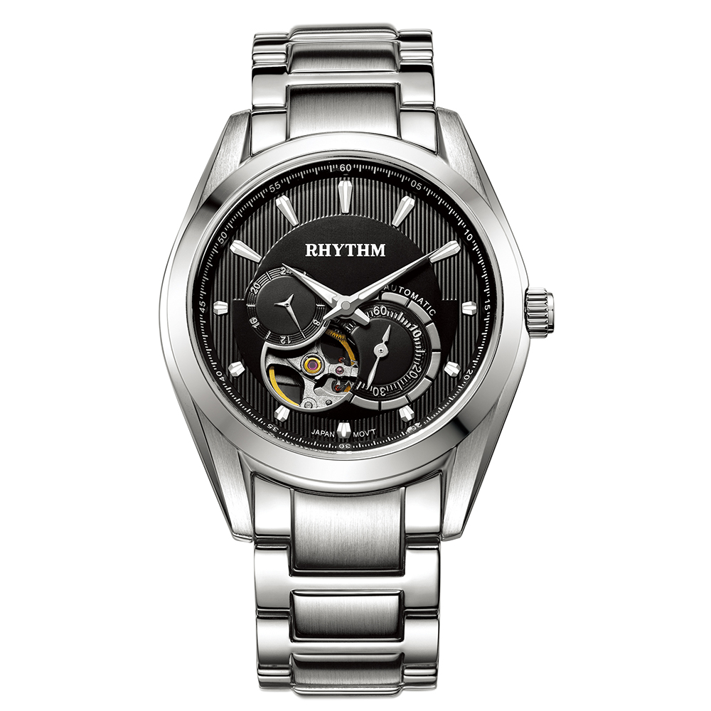 RHYTHM日本麗聲 商務男士時尚品味半鏤空自動機械腕錶-黑/不鏽鋼錶帶