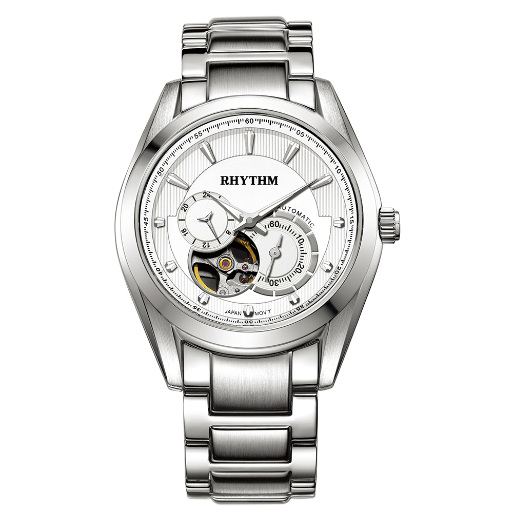 RHYTHM日本麗聲 商務男士時尚品味半鏤空自動機械腕錶-白/不鏽鋼錶帶