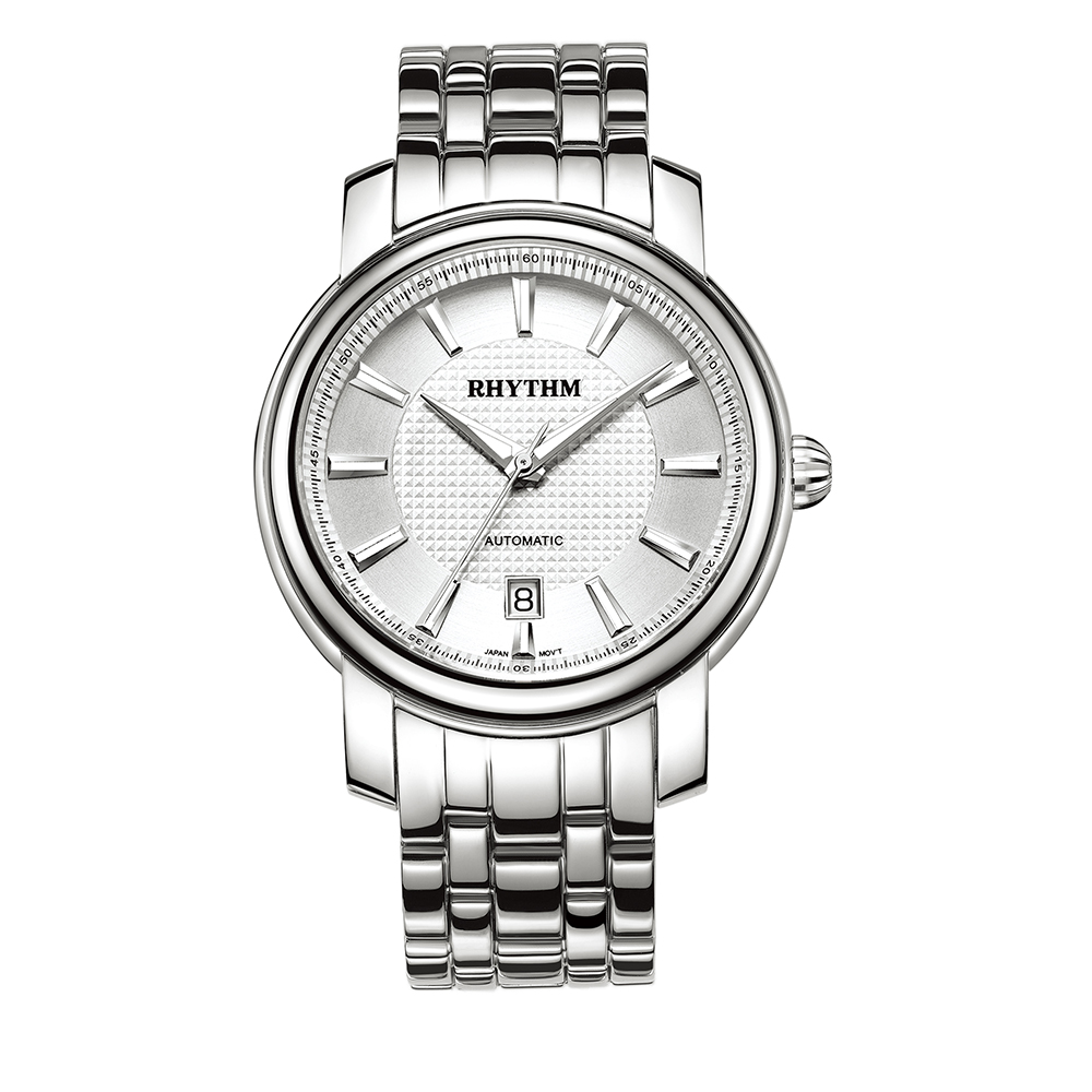 RHYTHM日本麗聲 雅仕品味日期顯示窗格自動機械腕錶-白/不鏽鋼錶帶