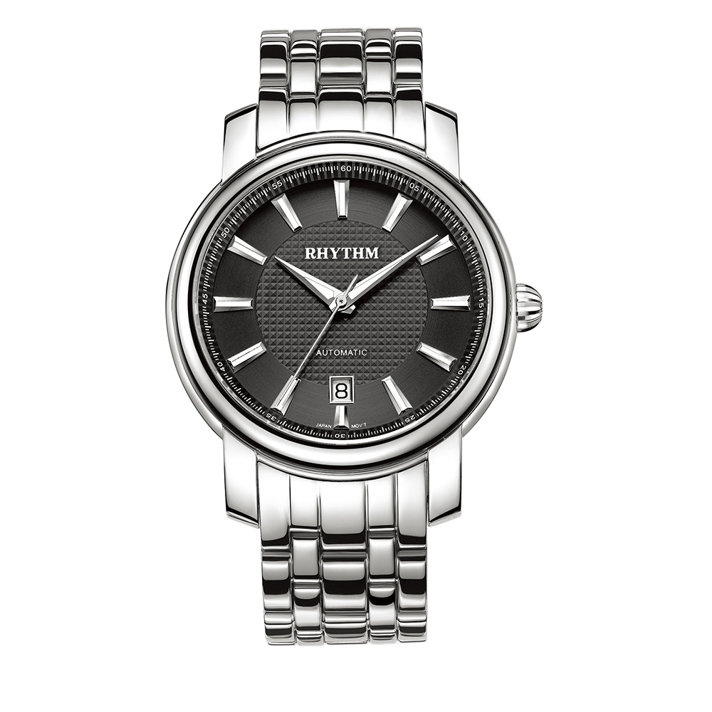 RHYTHM日本麗聲 雅仕品味日期顯示窗格自動機械腕錶-黑/不鏽鋼錶帶
