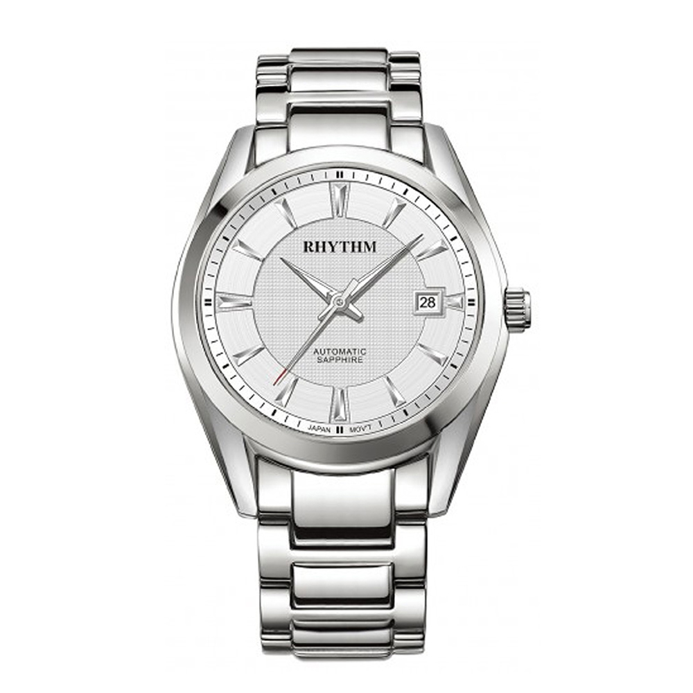 RHYTHM日本麗聲 簡單紳士款日期顯示自動機械腕錶-白/不鏽鋼錶帶