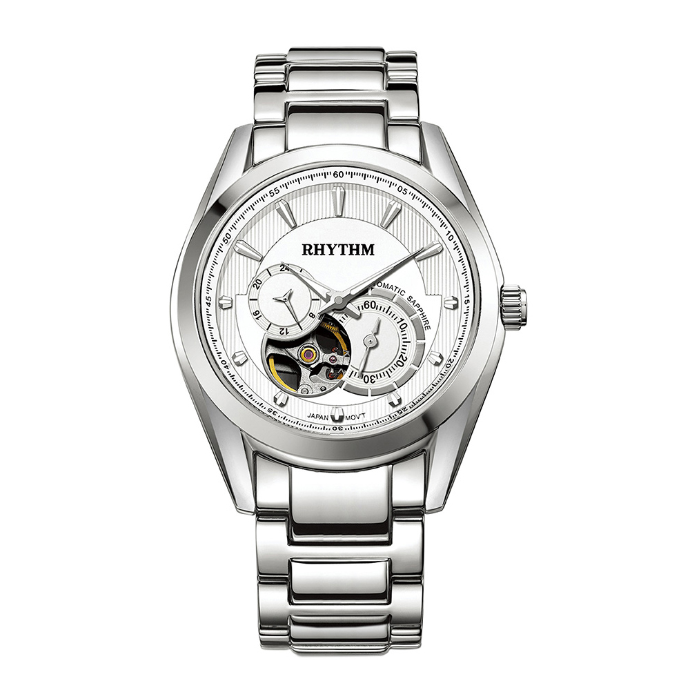 RHYTHM日本麗聲 時尚紳士品味半鏤空自動機械腕錶-白/不鏽鋼錶帶