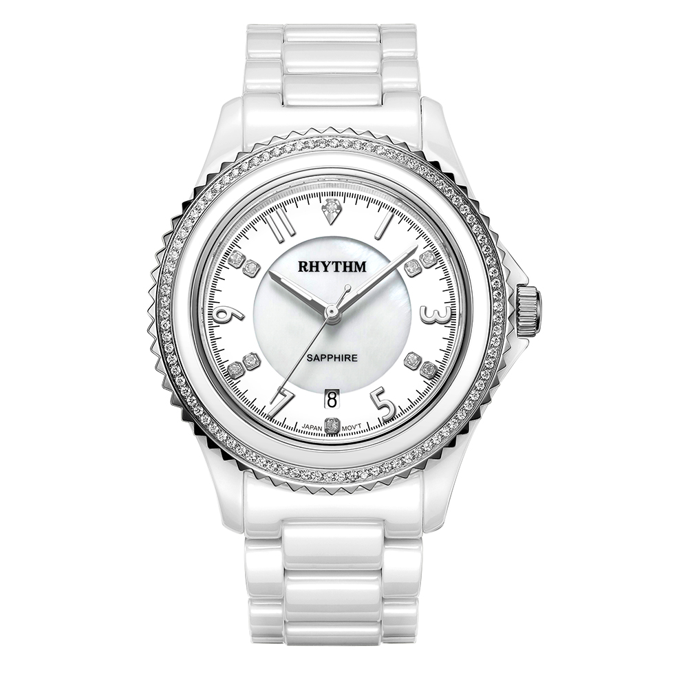 RHYTHM日本麗聲 璀璨奢華鑲鑽日期顯示窗格陶瓷腕錶-白/全陶瓷錶帶