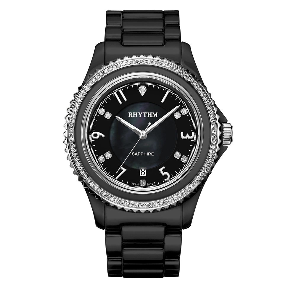 RHYTHM日本麗聲 璀璨奢華鑲鑽日期顯示窗格陶瓷腕錶-黑/全陶瓷錶帶