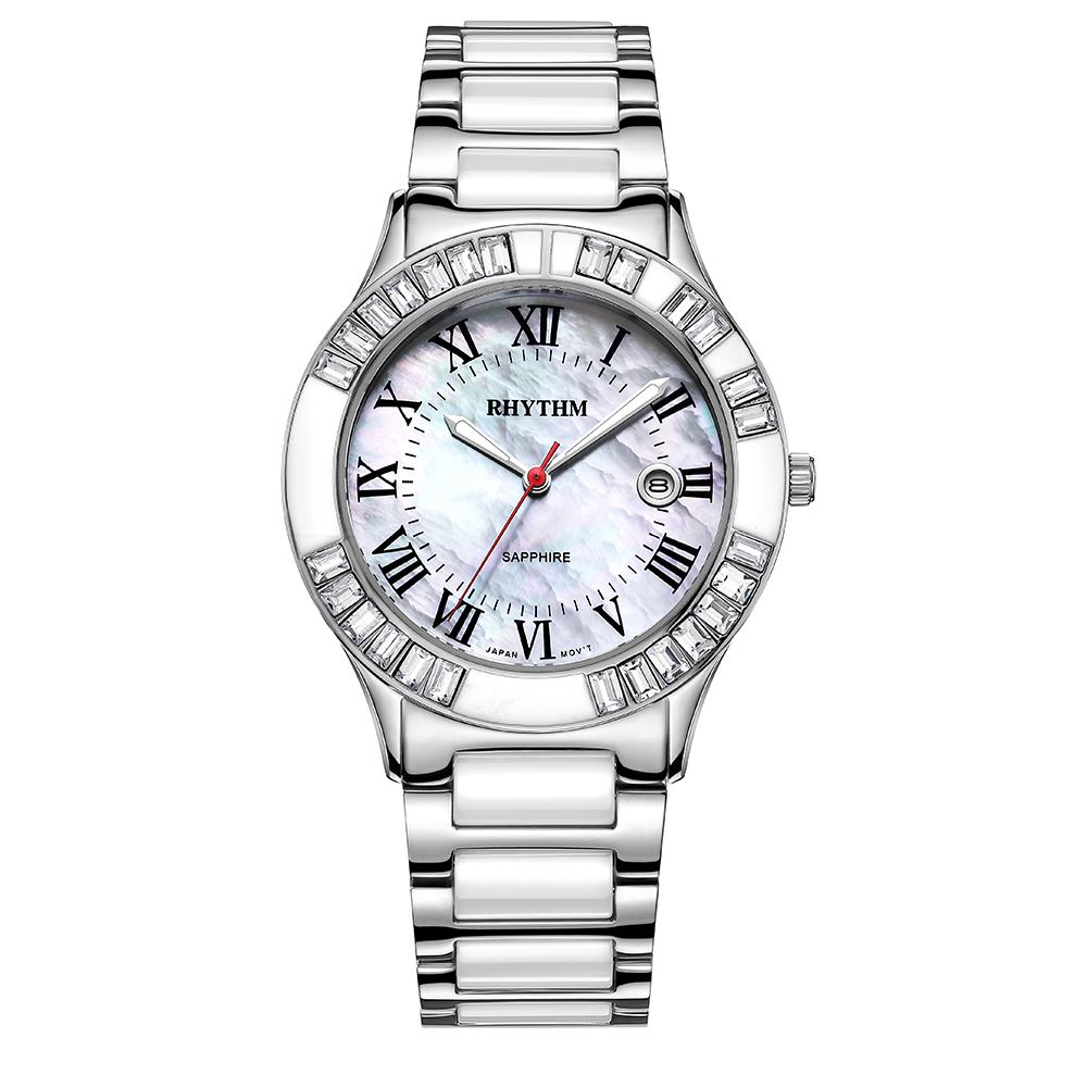 RHYTHM日本麗聲 奢華貝殼面羅馬數字日期顯示陶瓷腕錶-白/半陶瓷錶帶