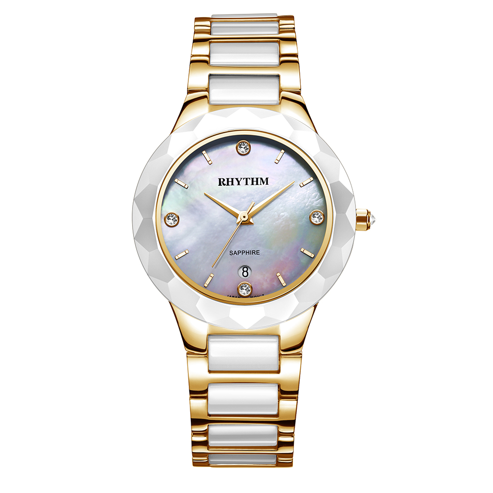 RHYTHM日本麗聲 時尚貝殼面鑲鑽日期顯示陶瓷腕錶-金/半陶瓷錶帶