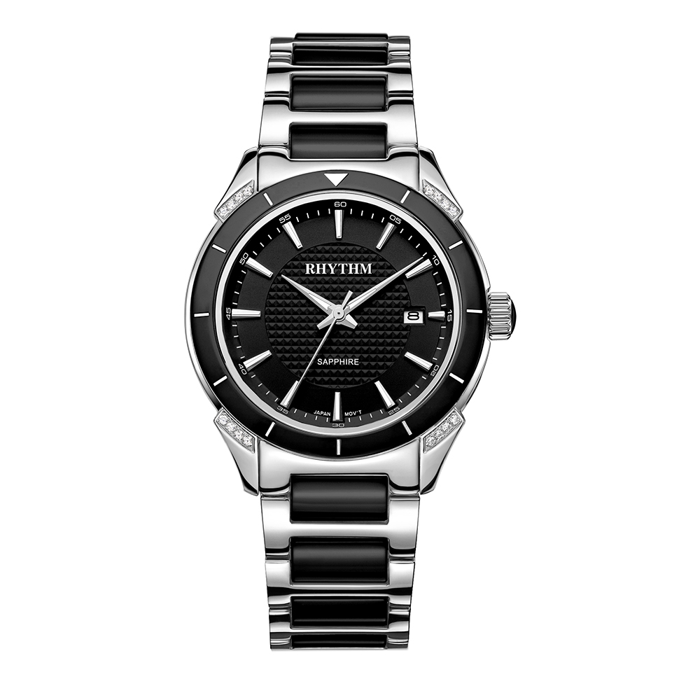 RHYTHM日本麗聲 經典城市品味日期顯示陶瓷腕錶-黑/半陶瓷錶帶