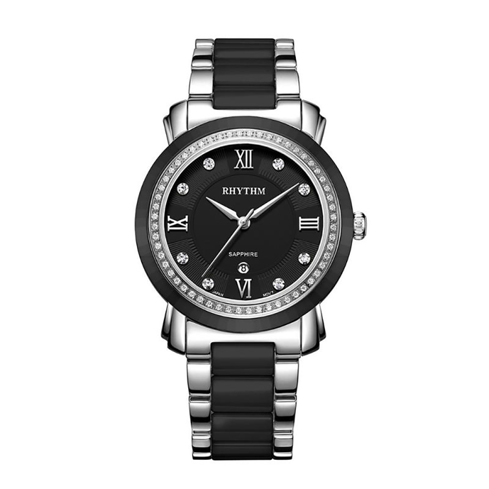RHYTHM日本麗聲 歐式英倫款日期顯示陶瓷腕錶-黑/半陶瓷錶帶