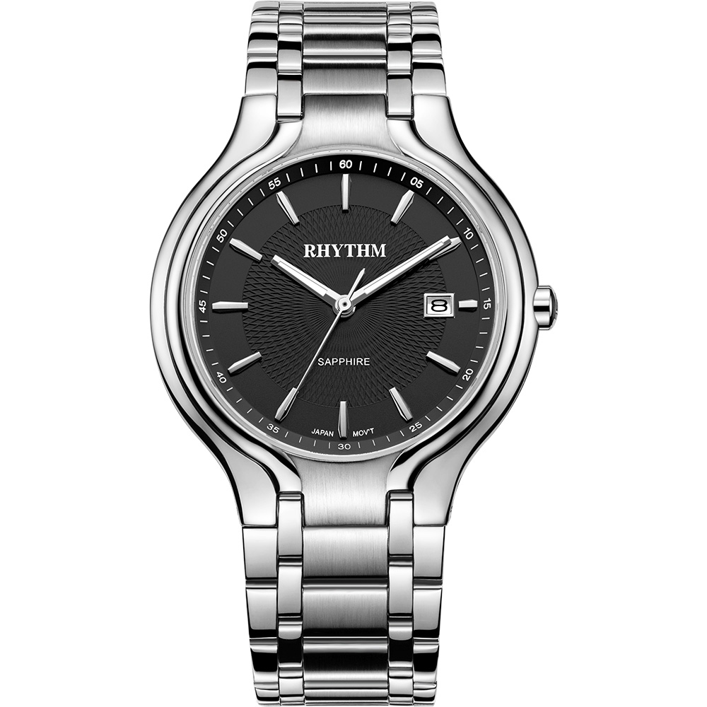 RHYTHM日本麗聲 簡單生活黑面美學日期顯示石英男錶腕錶-黑/不鏽鋼錶帶