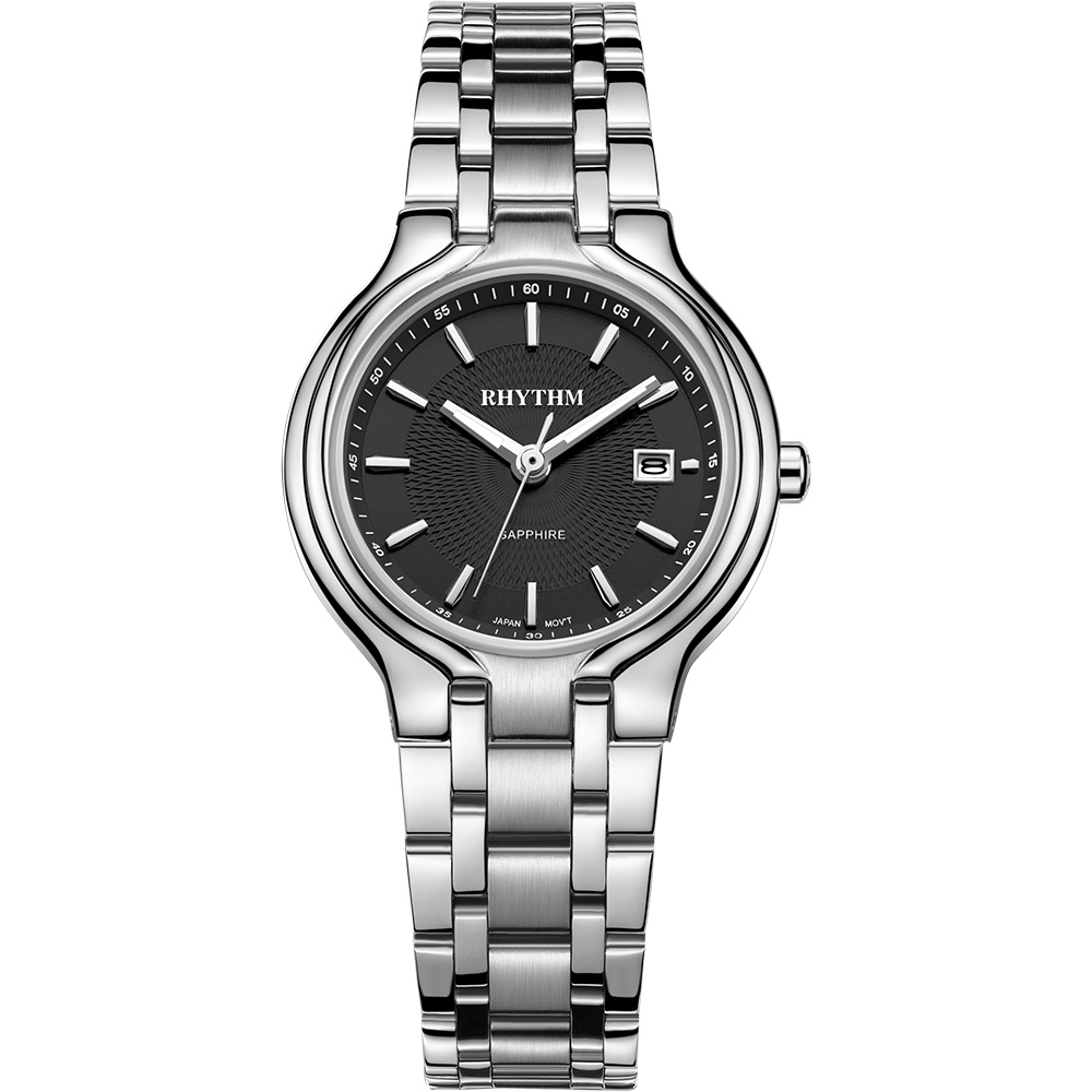 RHYTHM日本麗聲 簡單生活黑面美學日期顯示石英女錶腕錶-黑/不鏽鋼錶帶
