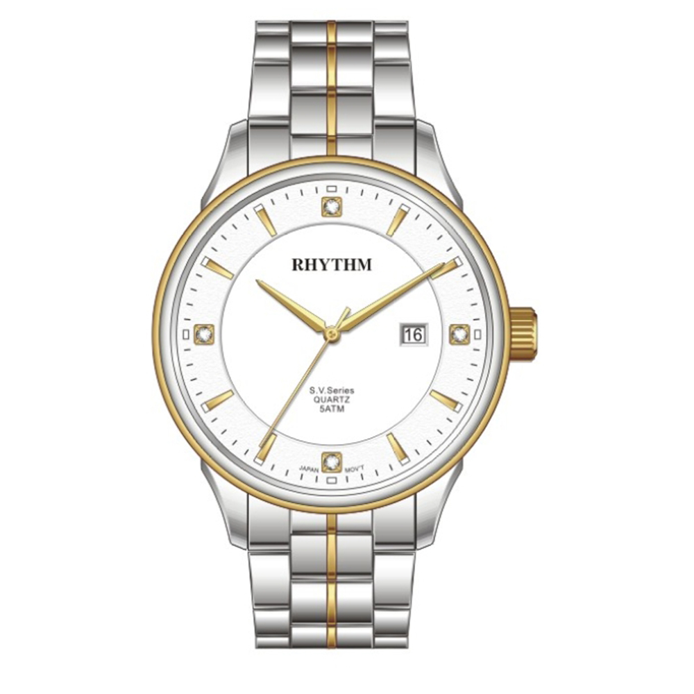 RHYTHM日本麗聲 城市生活品味日期顯示石英女錶腕錶-金/不鏽鋼錶帶
