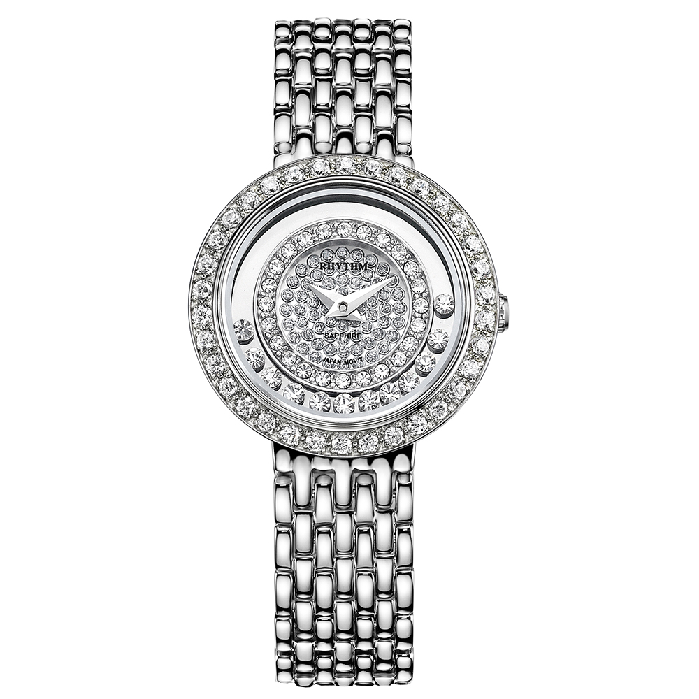 RHYTHM日本麗聲 奢華貴氣淑女造型鑲鑽設計石英腕錶-銀/不鏽鋼錶帶
