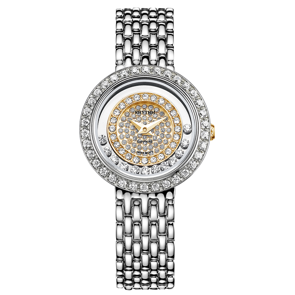 RHYTHM日本麗聲 奢華貴氣淑女造型鑲鑽設計石英腕錶-白框金底/不鏽鋼錶帶