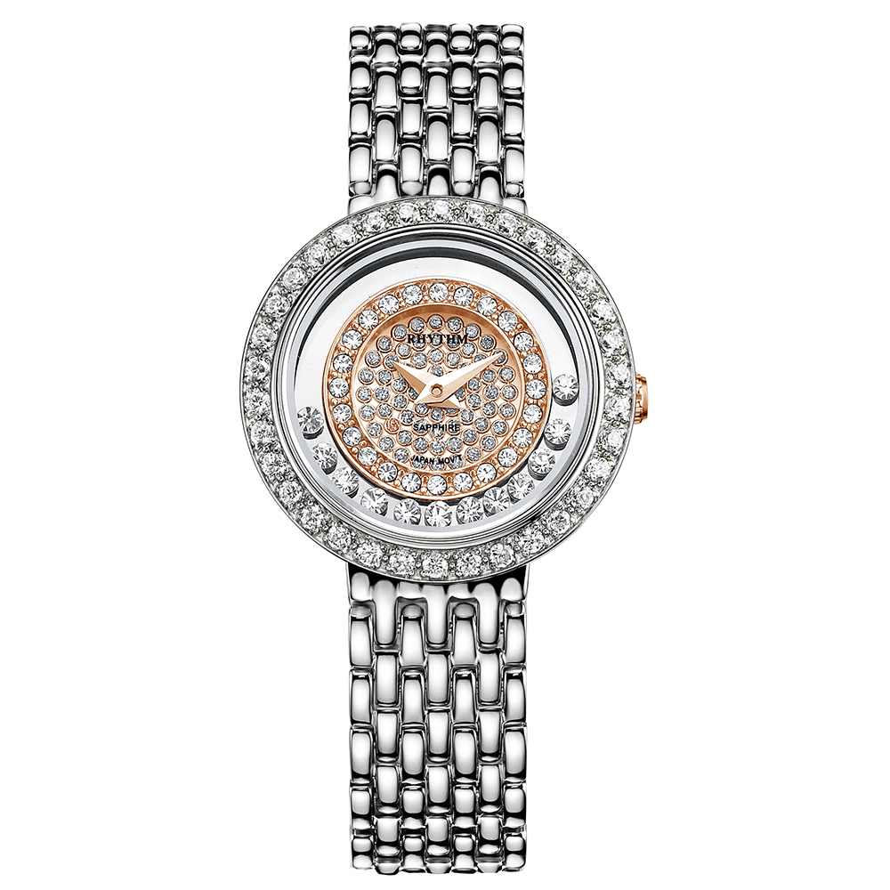 RHYTHM日本麗聲 奢華貴氣淑女造型鑲鑽設計石英腕錶-白框玫瑰金底/不鏽鋼錶帶