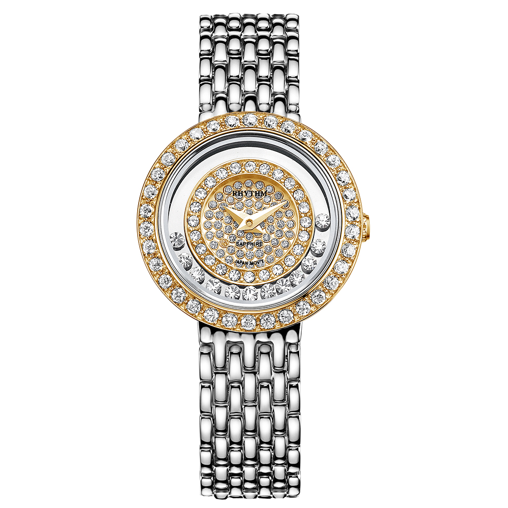 RHYTHM日本麗聲 奢華貴氣淑女造型鑲鑽設計石英腕錶-金/不鏽鋼錶帶