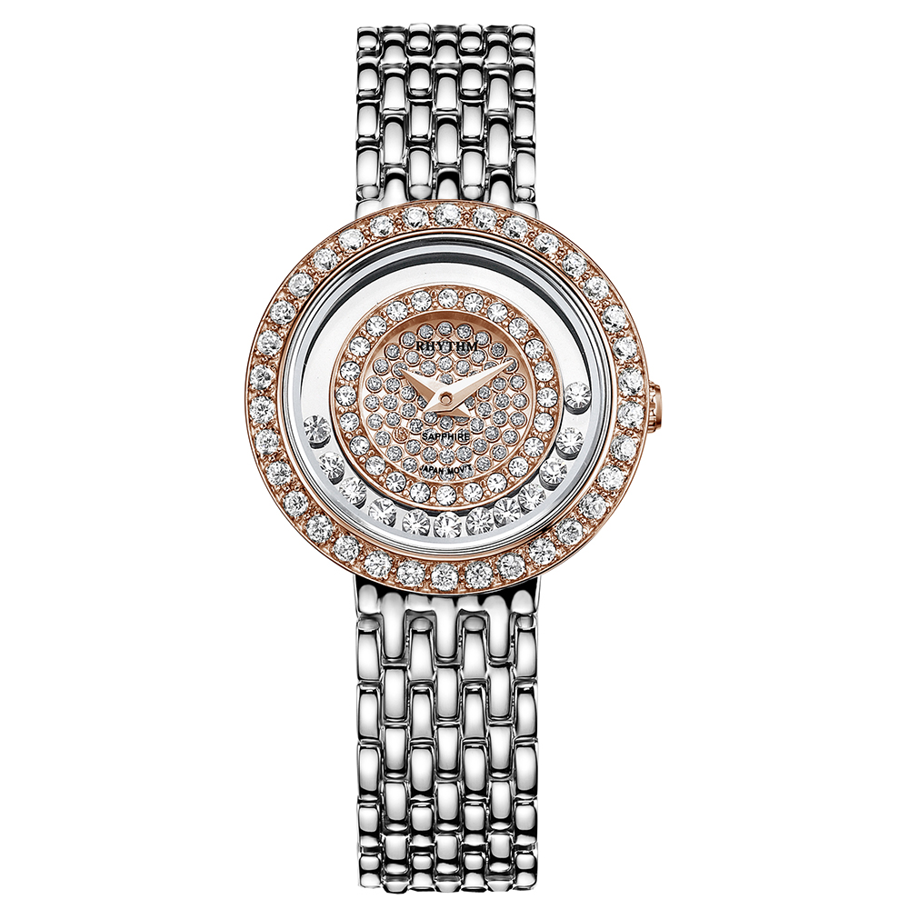 RHYTHM日本麗聲 奢華貴氣淑女造型鑲鑽設計石英腕錶-玫瑰金/不鏽鋼錶帶