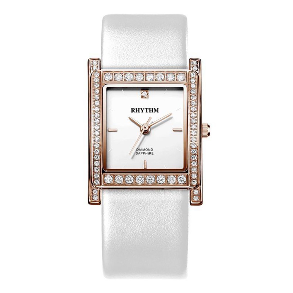 RHYTHM日本麗聲 端莊知性淑女風邊框鑲鑽設計石英腕錶-白/真皮錶帶