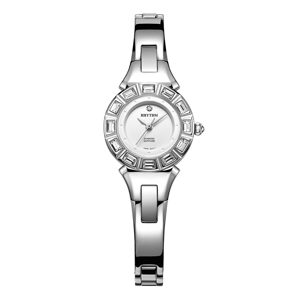 RHYTHM日本麗聲 都會典雅邊框鑲鑽設計淑女款石英腕錶-白/不鏽鋼錶帶