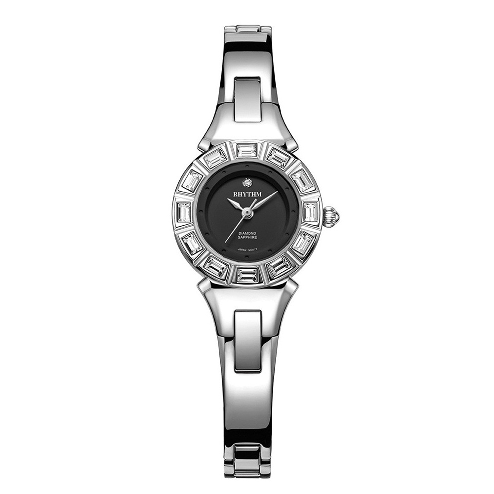 RHYTHM日本麗聲 都會典雅邊框鑲鑽設計淑女款石英腕錶-黑/不鏽鋼錶帶