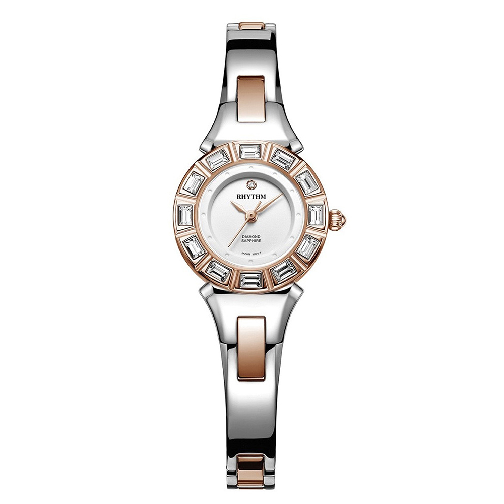RHYTHM日本麗聲 都會典雅邊框鑲鑽設計淑女款石英腕錶-玫瑰金/不鏽鋼錶帶