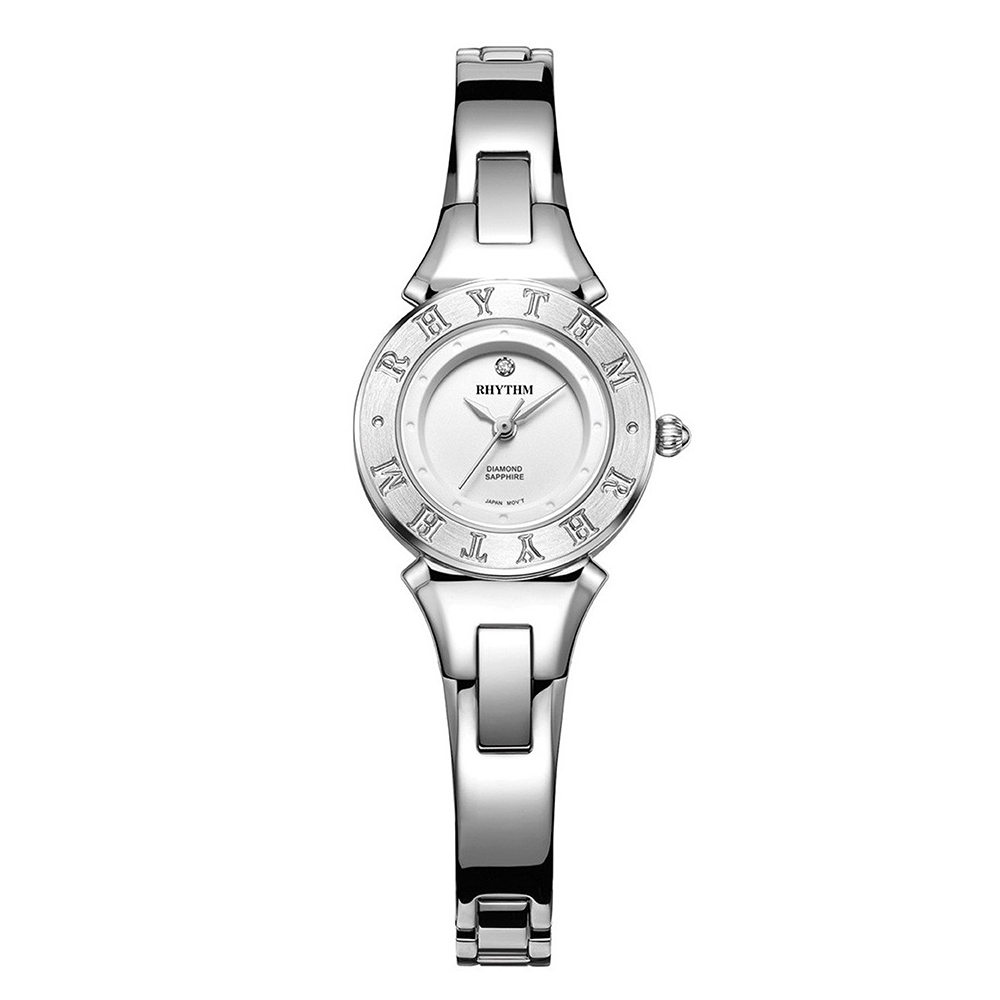 RHYTHM日本麗聲 都會典雅邊框印紋設計淑女款石英腕錶-白/不鏽鋼錶帶