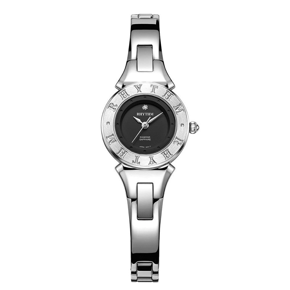 RHYTHM日本麗聲 都會典雅邊框印紋設計淑女款石英腕錶-黑/不鏽鋼錶帶