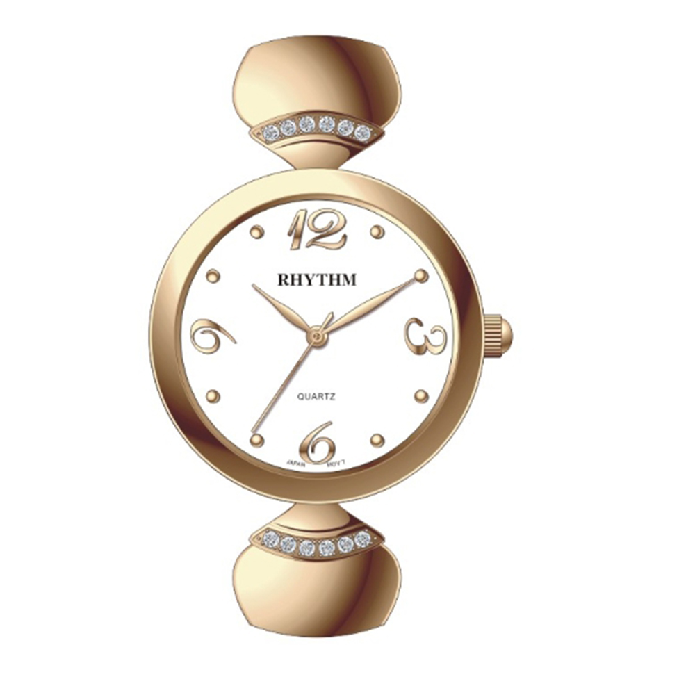 RHYTHM日本麗聲 雅緻淑女品味鑲鑽造型石英腕錶-玫瑰金/不鏽鋼錶帶