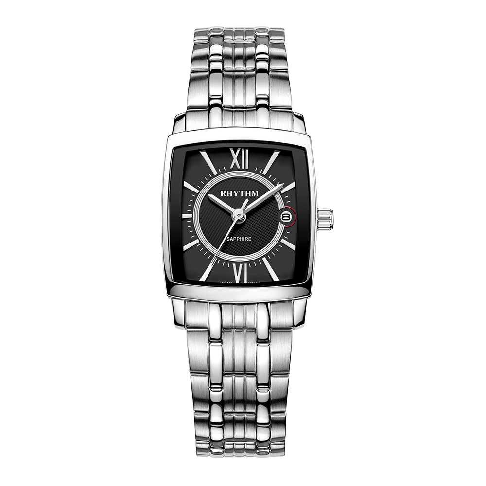 RHYTHM日本麗聲 經典個性時尚日期顯示石英腕錶-黑/不鏽鋼錶帶