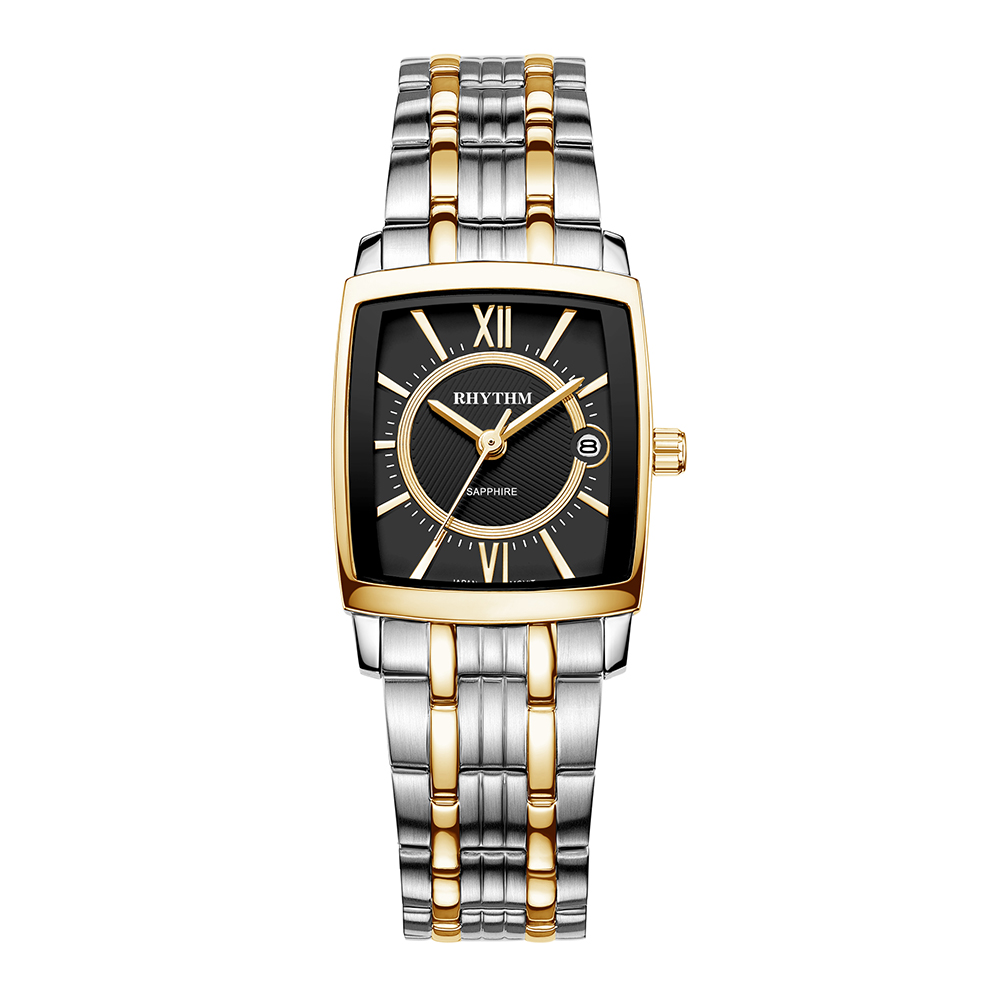 RHYTHM日本麗聲 經典個性時尚日期顯示石英腕錶-黑金/不鏽鋼錶帶