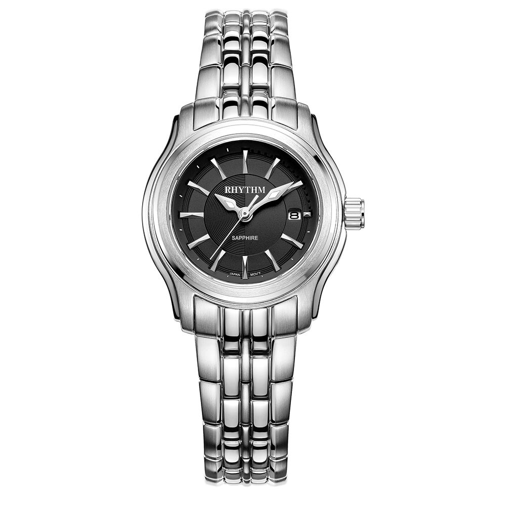 RHYTHM日本麗聲 簡單雙色風格日期顯示窗格石英腕錶-黑/不鏽鋼錶帶