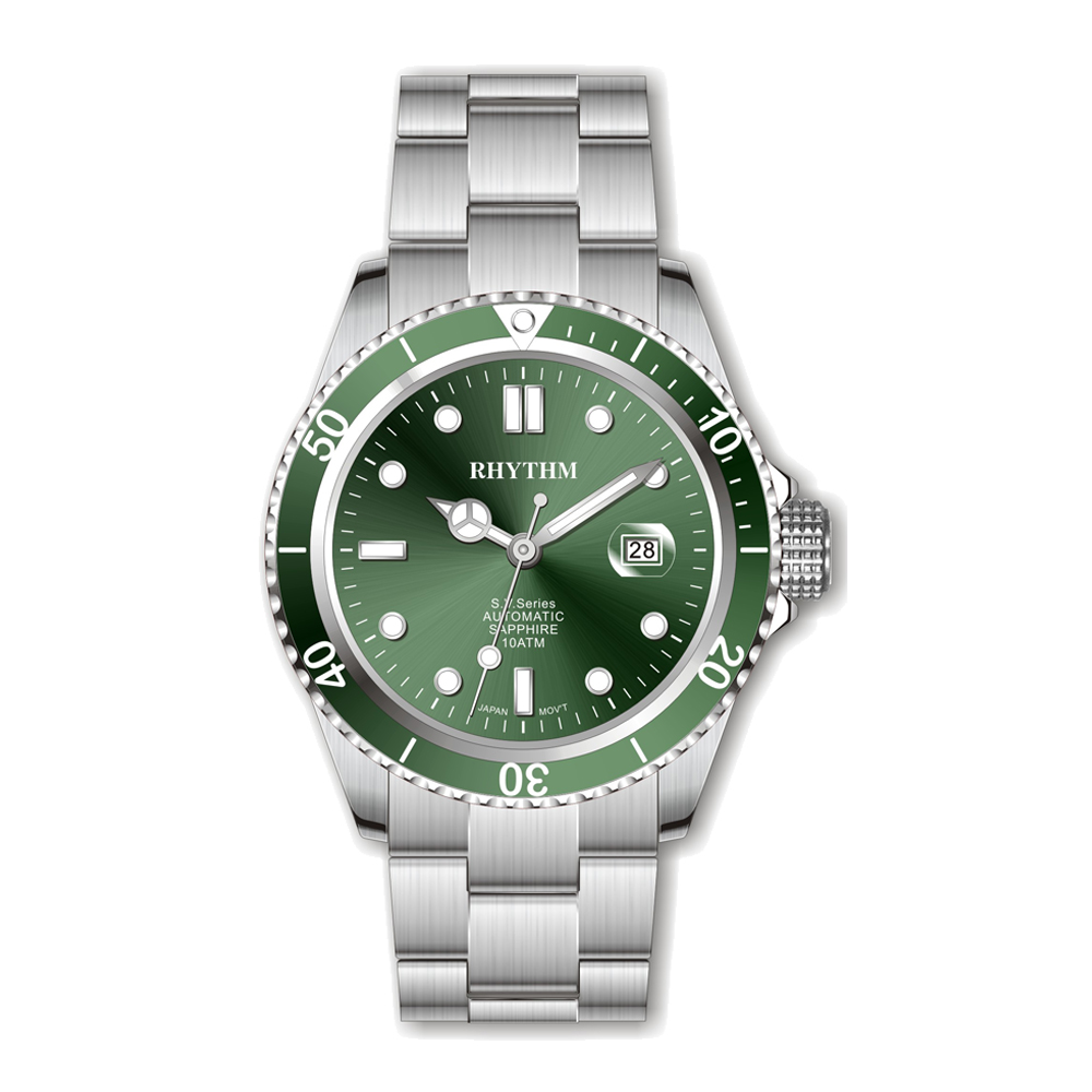RHYTHM日本麗聲 運動款防水100米日期顯示自動機械腕錶-綠/不鏽鋼錶帶