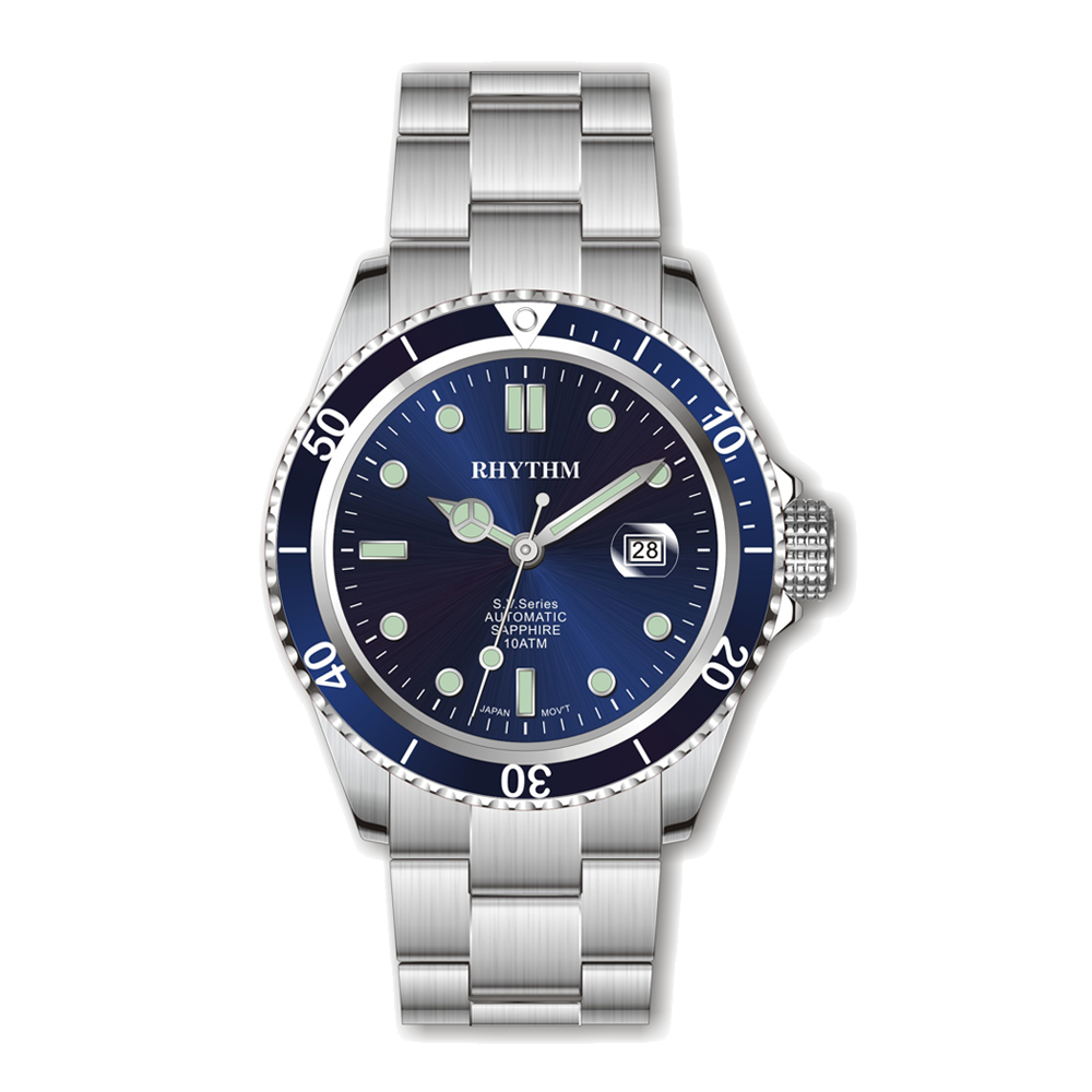 RHYTHM日本麗聲 運動款防水100米日期顯示自動機械腕錶-藍/不鏽鋼錶帶