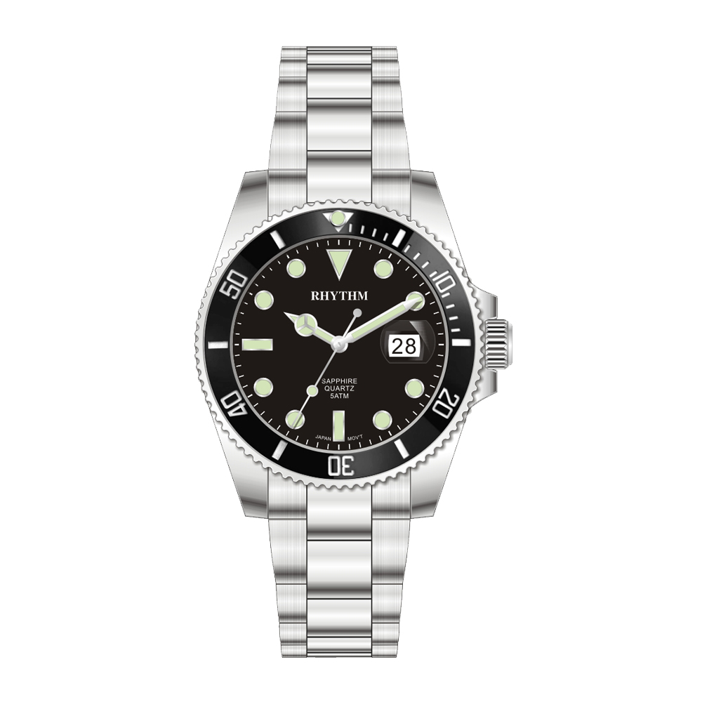 RHYTHM日本麗聲 防水100米分鐘印紋日期顯示石英腕錶-黑/不鏽鋼錶帶