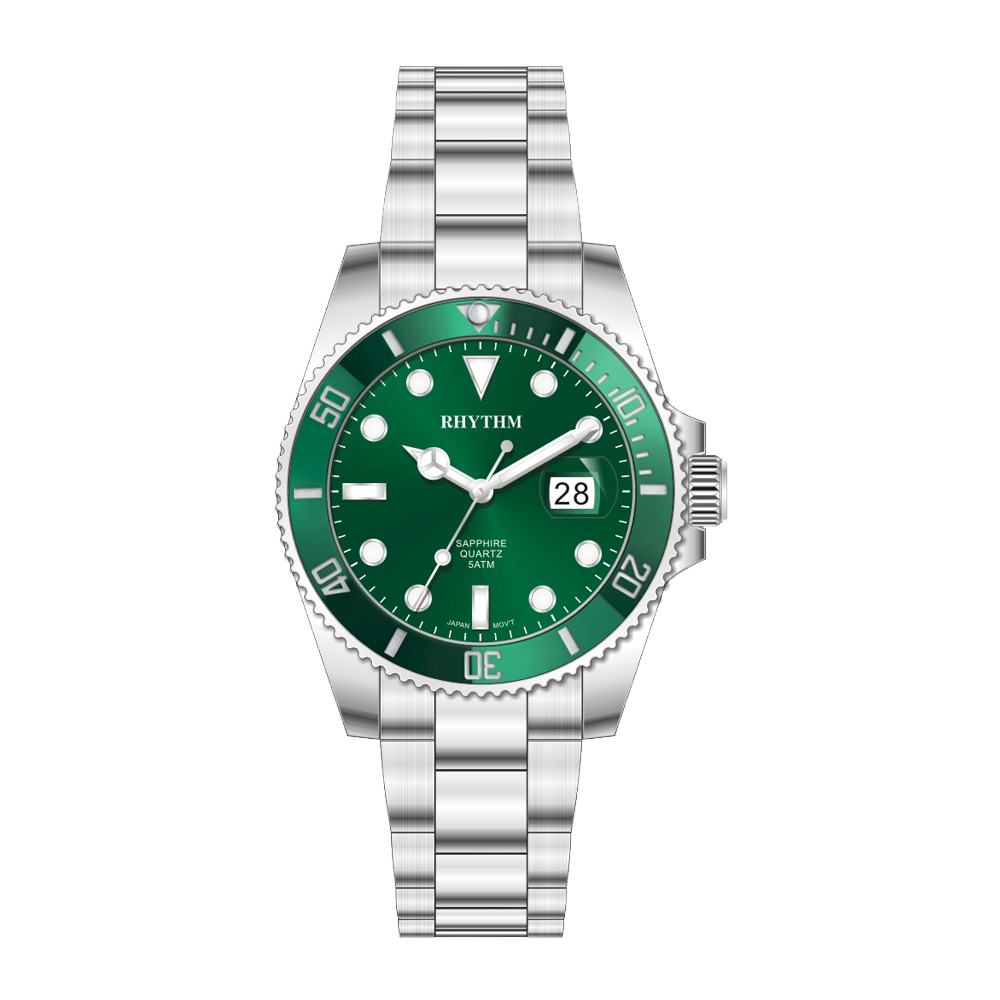 RHYTHM日本麗聲 防水100米分鐘印紋日期顯示石英腕錶-綠/不鏽鋼錶帶