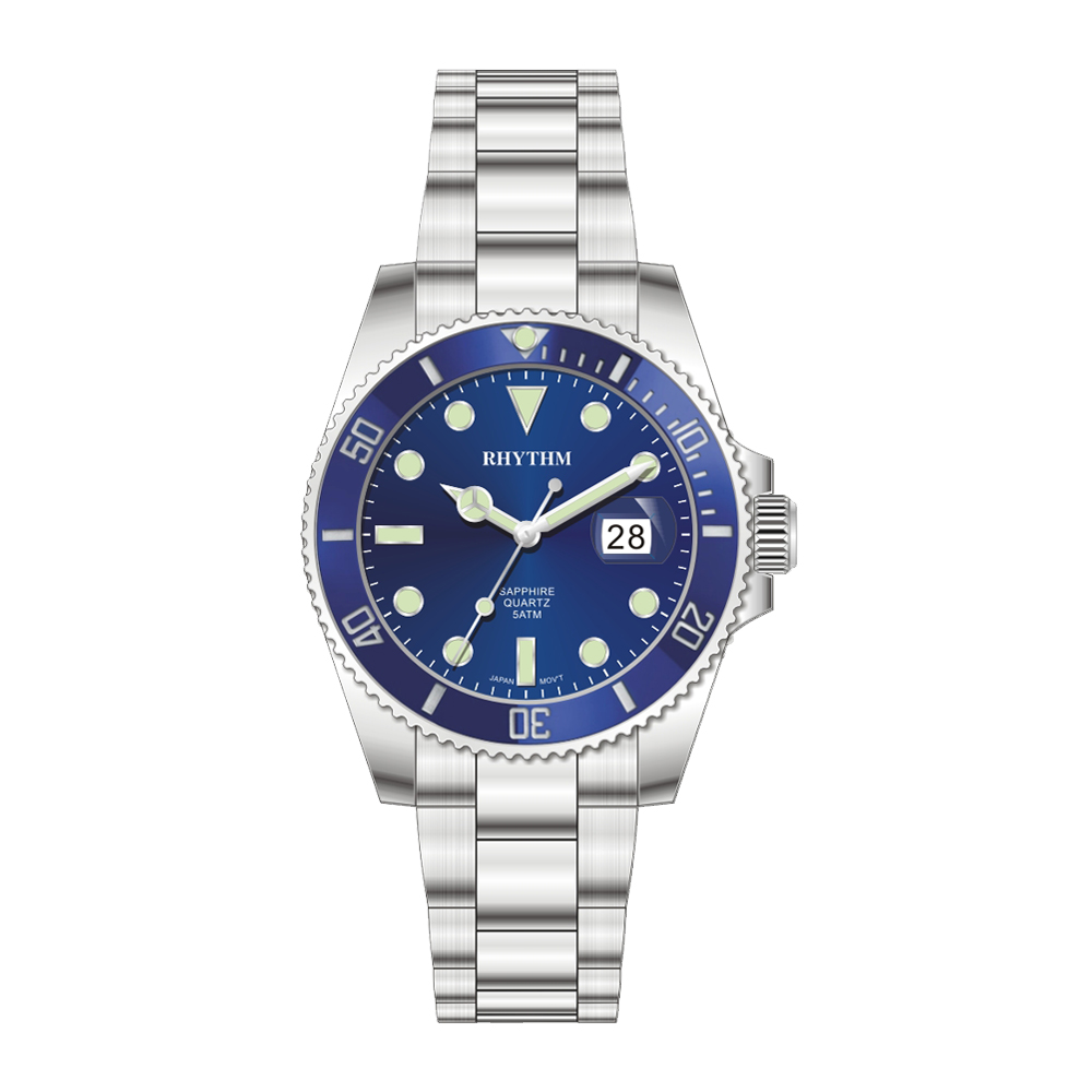 RHYTHM日本麗聲 防水100米分鐘印紋日期顯示石英腕錶-藍/不鏽鋼錶帶