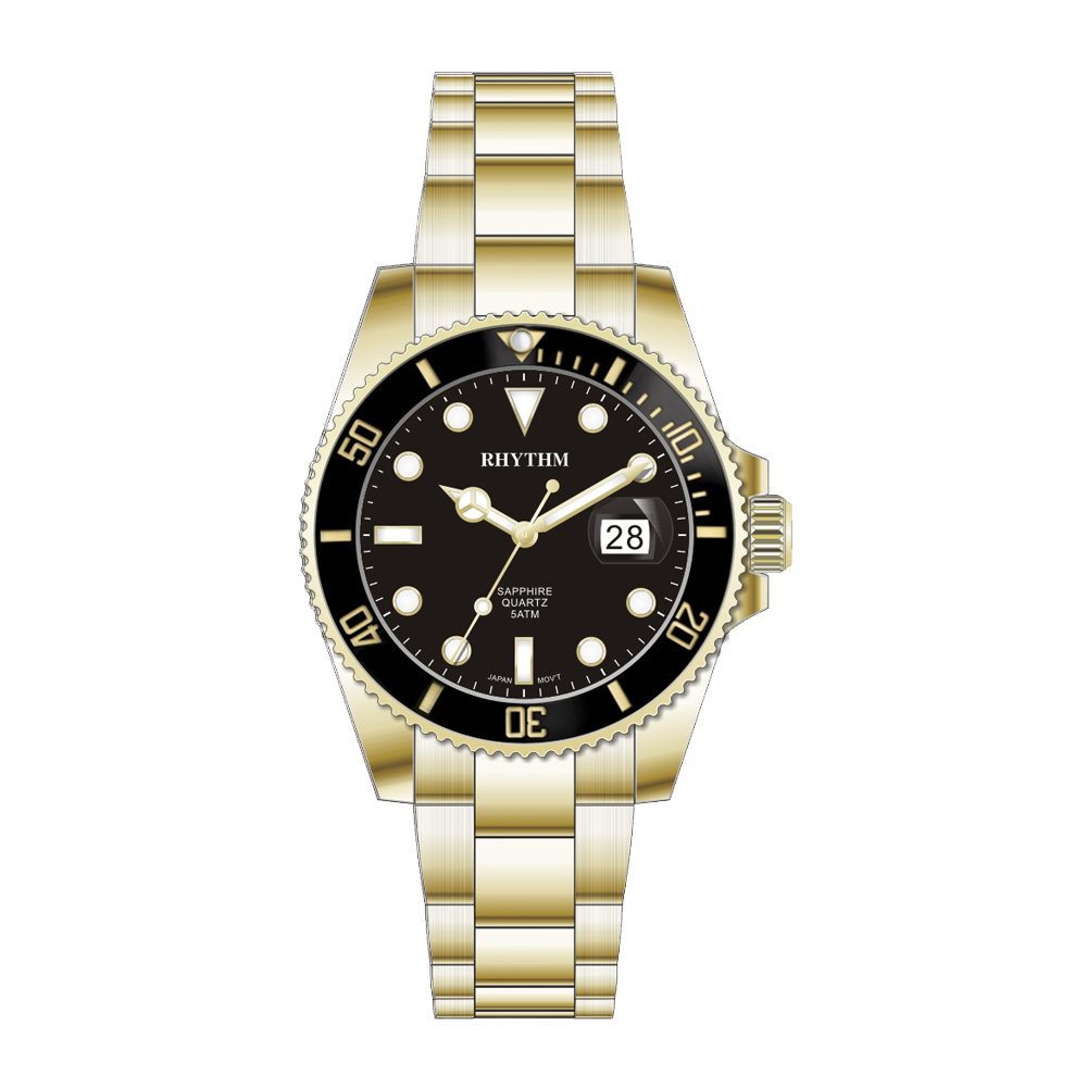 RHYTHM日本麗聲 防水100米分鐘印紋日期顯示石英腕錶-黑金/不鏽鋼錶帶