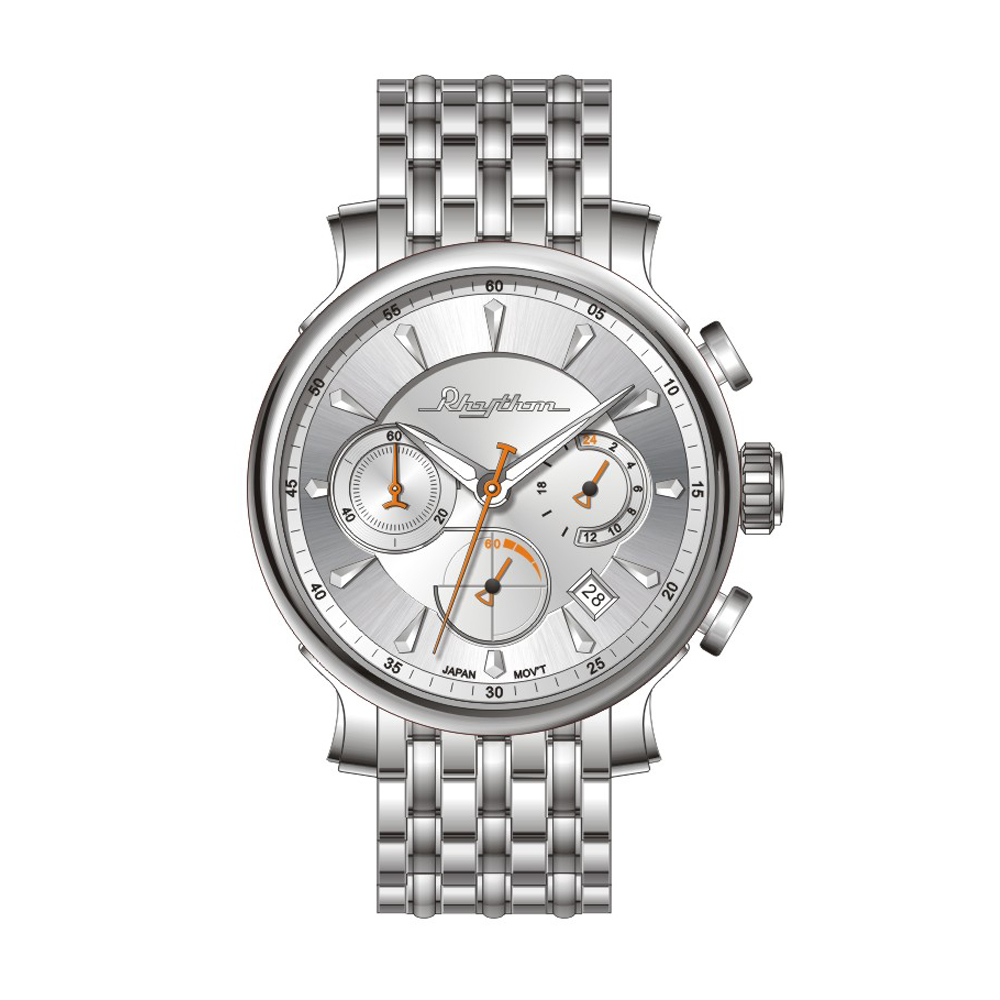 RHYTHM日本麗聲 雅痞視覺三眼設計日期顯示石英腕錶-白/不鏽鋼錶帶