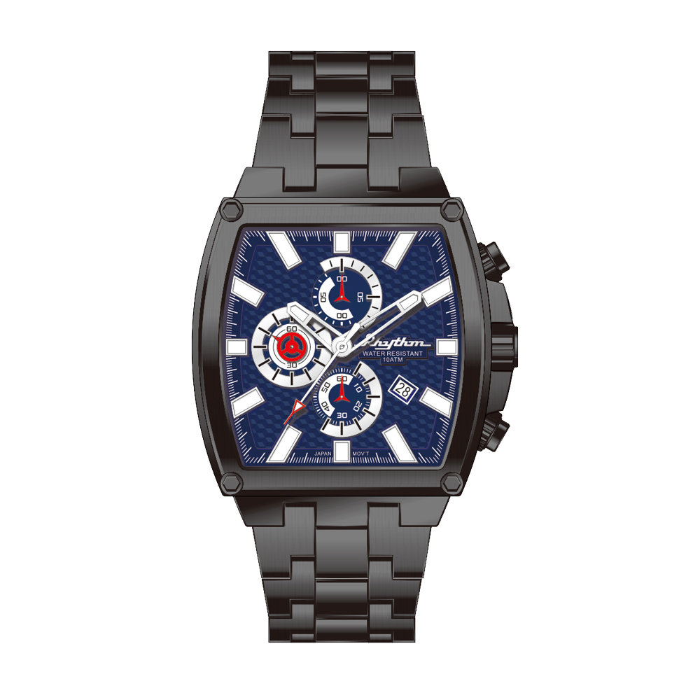 RHYTHM日本麗聲 視覺印象防水100米三眼日期顯示石英腕錶-藍/不鏽鋼錶帶