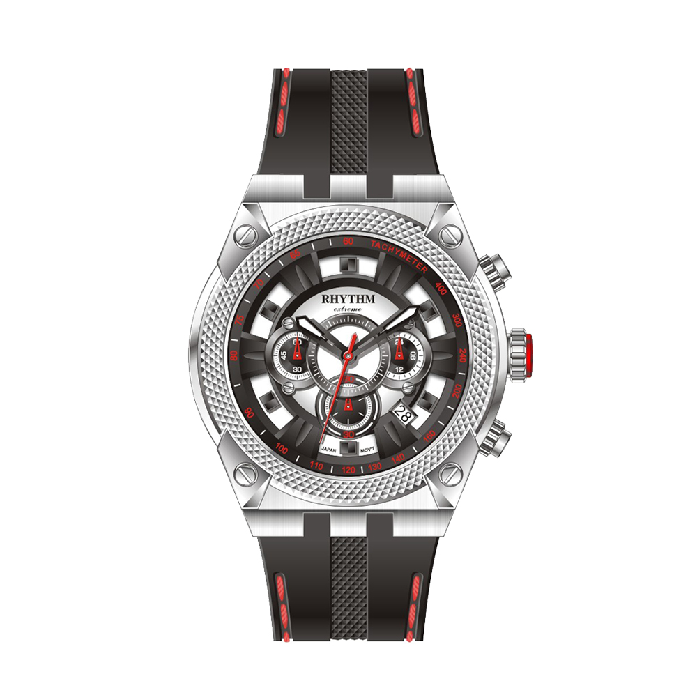 RHYTHM日本麗聲 撞色藝術防水100米三眼日期顯示石英腕錶-銀框紅黑底/橡膠車縫錶帶