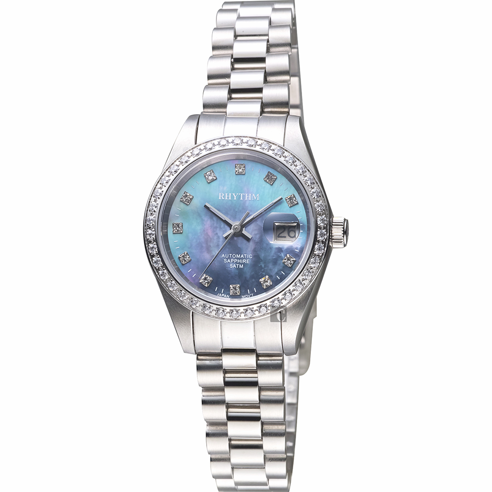 RHYTHM日本麗聲 優雅晶鑽機械日期女錶-藍貝x銀/28mm RA1626S02