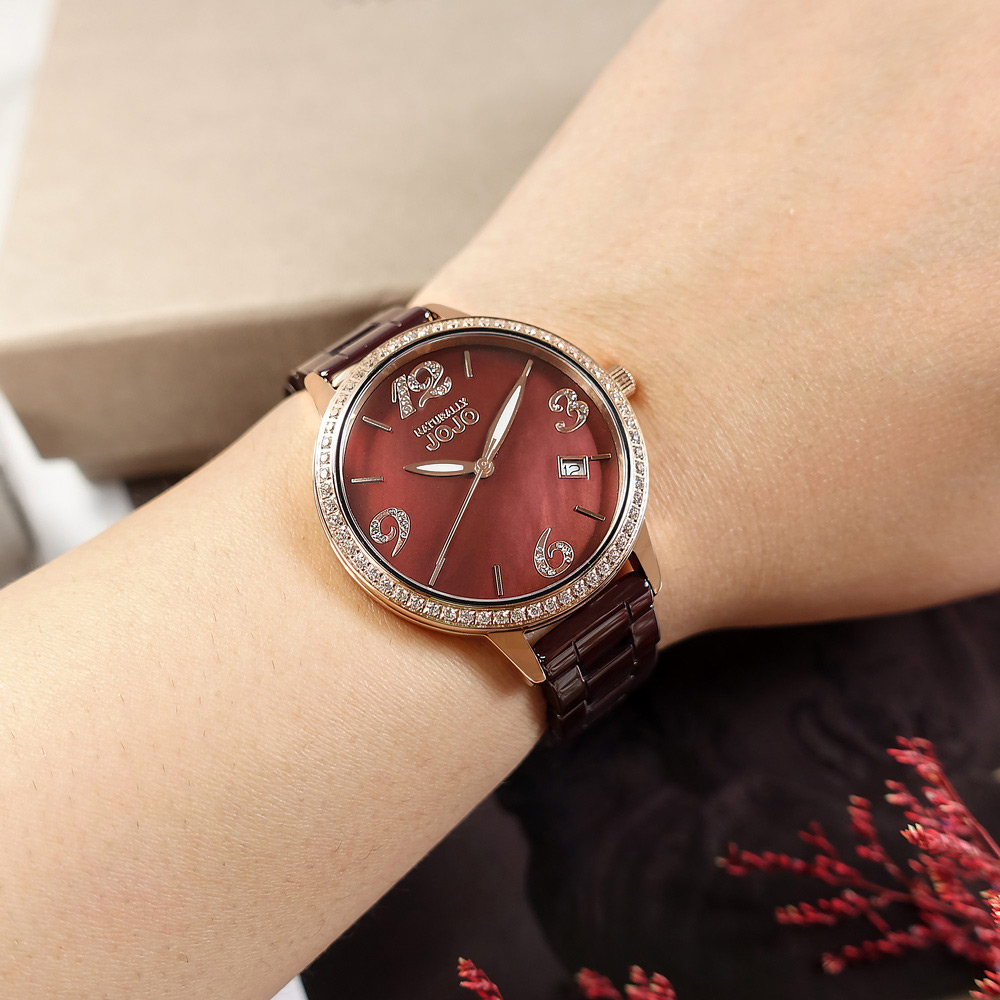 NATURALLY JOJO / JO96968-95R / 珍珠母貝 日期 晶鑽時尚 陶瓷手錶 紅褐x玫瑰金框 34mm