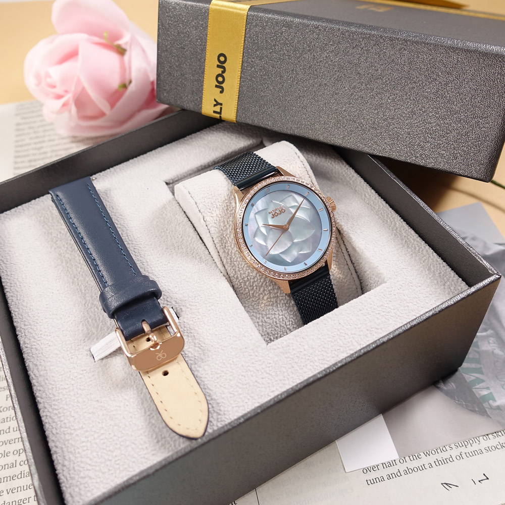NATURALLY JOJO / JO96985-55R / 珍珠母貝 米蘭編織不鏽鋼手錶 禮盒組 藍x玫瑰金框 36mm