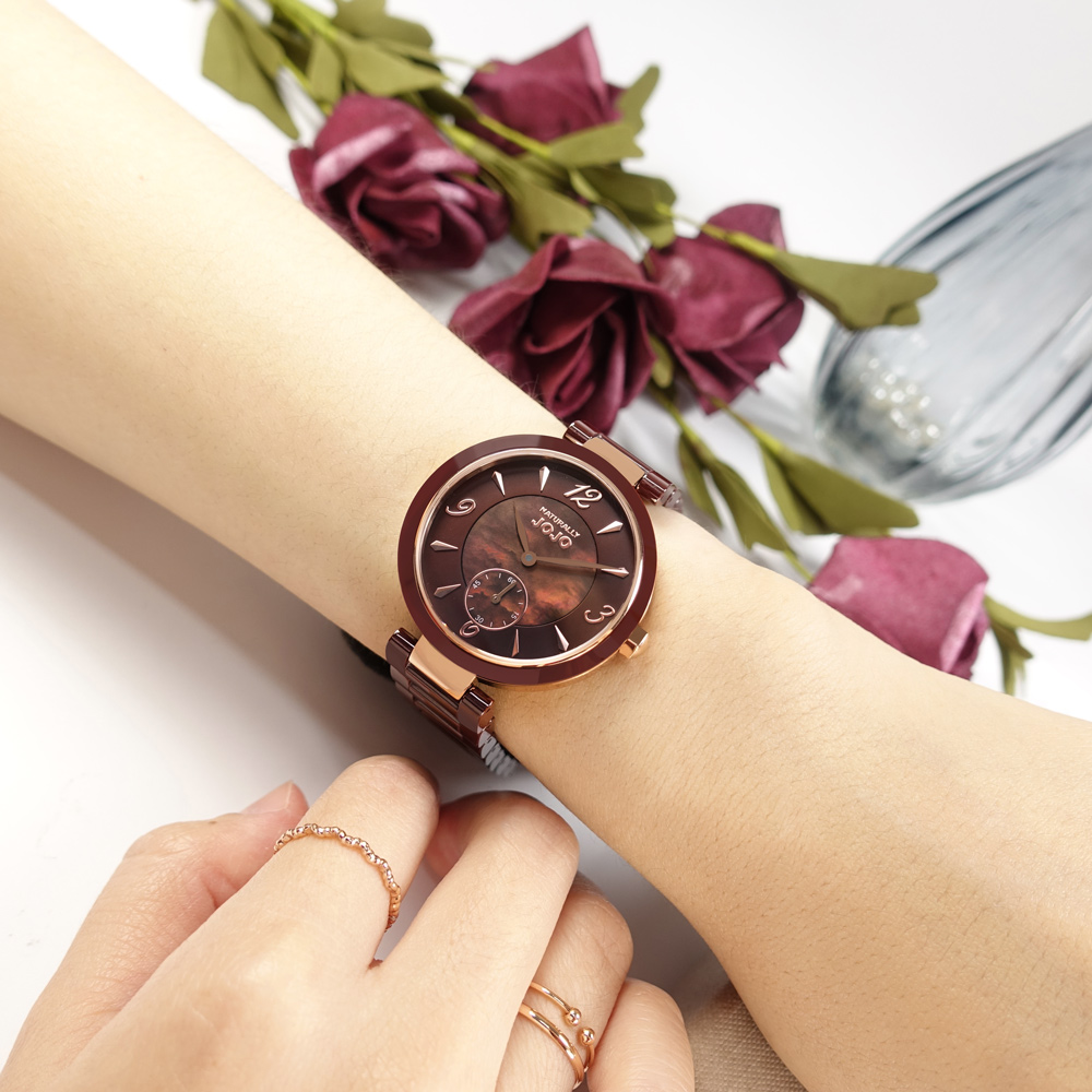 NATURALLY JOJO / JO96986-95R / 珍珠母貝 獨立小秒針 陶瓷手錶 紅褐x玫瑰金框 37mm