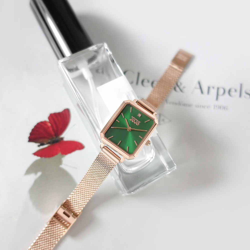 NATURALLY JOJO / JO96992-44R / 復古方型 小巧典雅 米蘭編織不鏽鋼手錶 綠x鍍玫瑰金 20mm